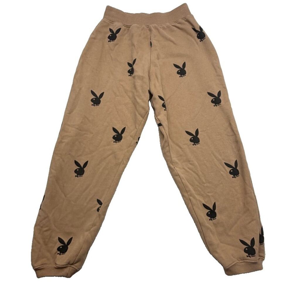 Playboy X Misguided Tan Full Bunny Print Jogger Sweatpants Womens Size 6